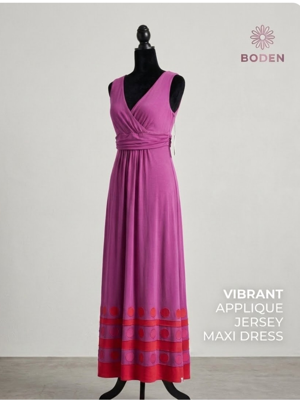 Boden Fuchsia Jersey Maxi V-Neck Boho Dress with Geometric Red Hem Accents